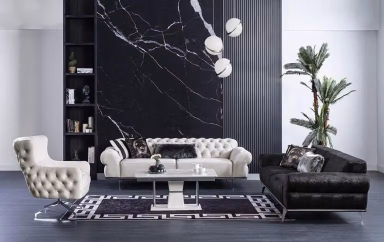 Casa Padrino zestaw do salonu Chesterfield w stylu art deco - 2 sofy i 2 fotele obrotowe oraz 1 stolik kawowy - szlachetne meble do salonu w stylu art deco