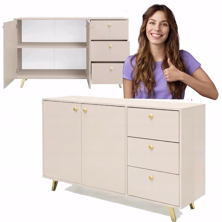 Komoda do salonu sypialni z szufladami 140cm beż piaskowy złote nogi SIENA