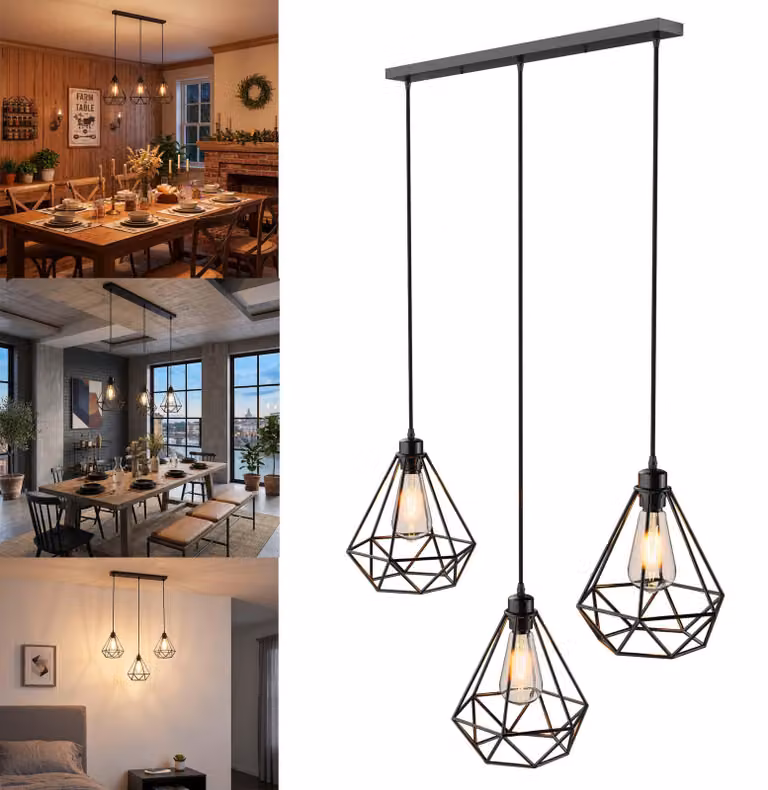 Lampa wisząca LZQ nad stół jadalny, 3-punktowa, czarna, 3 x 15 W, lampa wisząca w stylu vintage, E27, industrialny styl retro, w zestawie żarówki, do jadalni, salonu, biura i hotelu, typ A