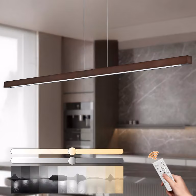 Drewniany żyrandol LED, możliwość regulacji jasności, 120 cm, sterowanie za pomocą pilota