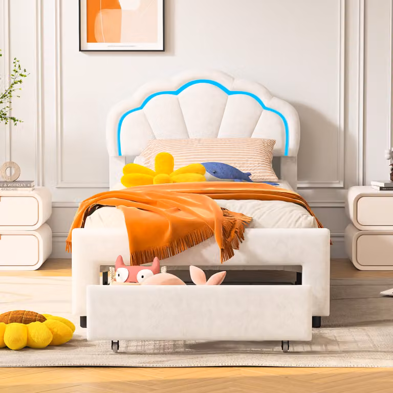 CDGlobal łóżko tapicerowane 90x200cm, funkcjonalne łóżko dwuosobowe z oświetleniem LED i szufladami, rama łóżka z listwami i zagłówkiem, pościel, styl klasyczny, łóżko młodzieżowe, białe