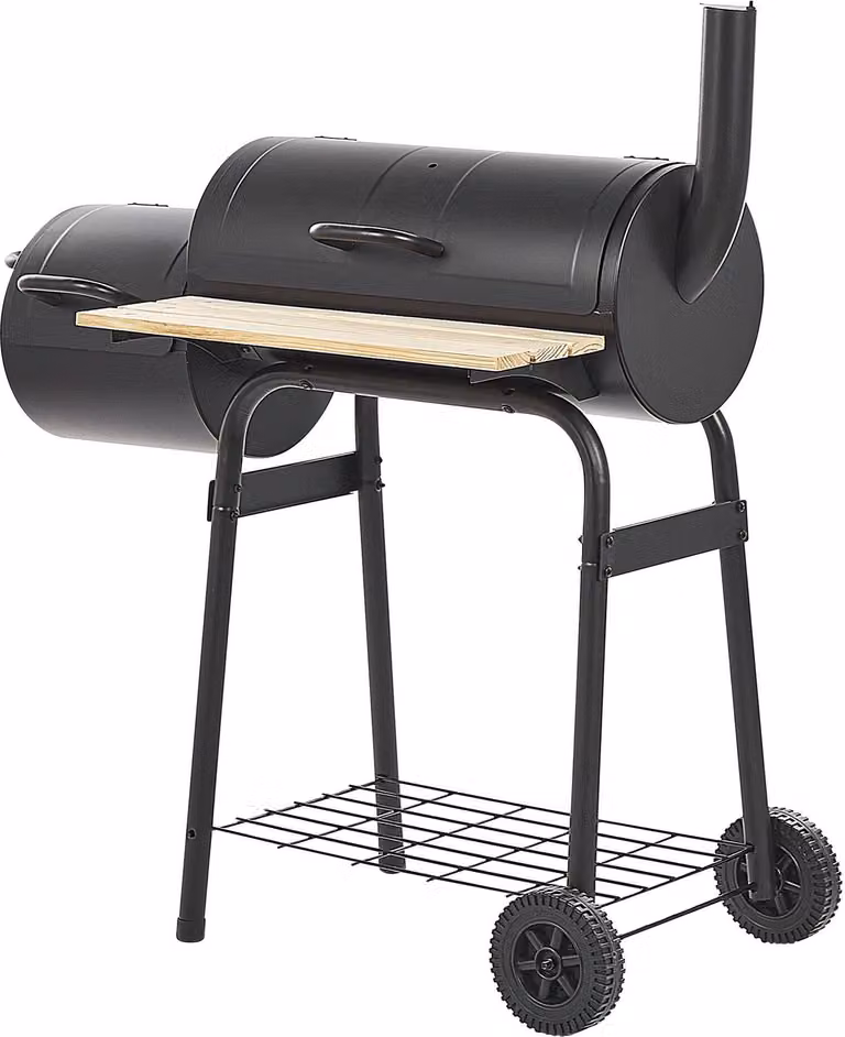BELIANI Grill ogrodowy węglowy czarny stalowy zamykany z pokrywą z wędzarnią półka na kółkach