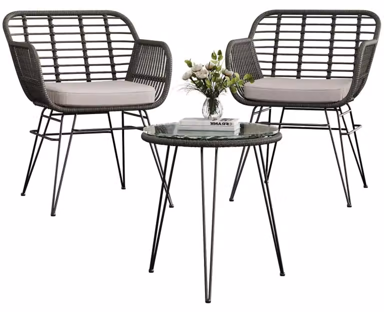 Meble ogrodowe z rattanu - zestaw bistro na balkon, 3-elementowy - zestaw siedzeń dla 2 osób - meble tarasowe do użytku zewnętrznego - nowoczesny, minimalistyczny design - jasnoszary