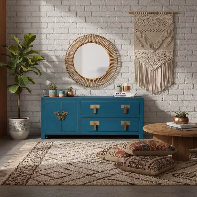 Orientalne meble w stylu vintage TV komoda kredens szafka RTV szafka pod telewizor chiński azjatycki dalekowschodni styl wiejski shabby chic niebieski ciemnoniebieski granatowy