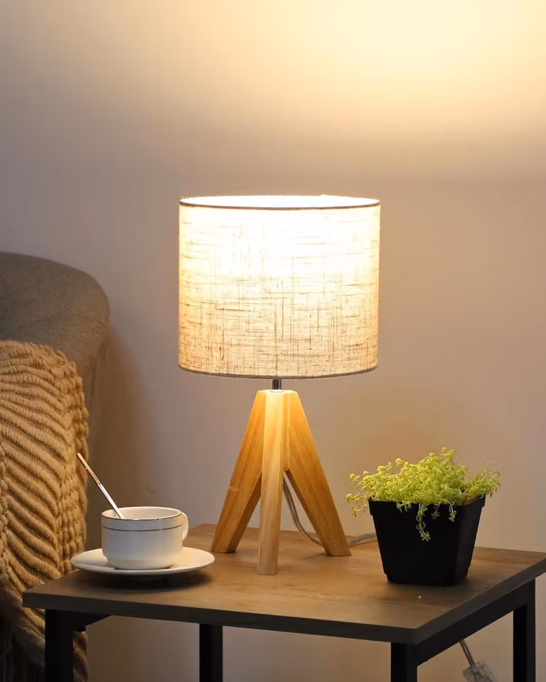 EDISHINE HOOLEN - lampka nocna, podstawa E27, statyw, vintage wiejski dom, beżowy abażur - len, nowoczesna dekoracja, sypialnia, salon