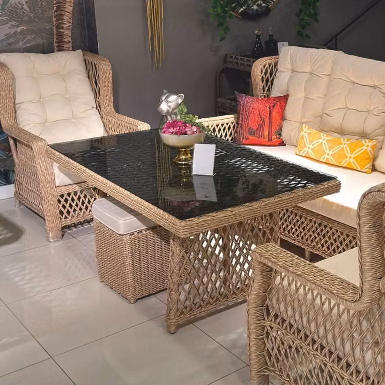 Casa Padrino rattanowy stół ogrodowy ze szklanym blatem naturalne kolory / szary 200 cm