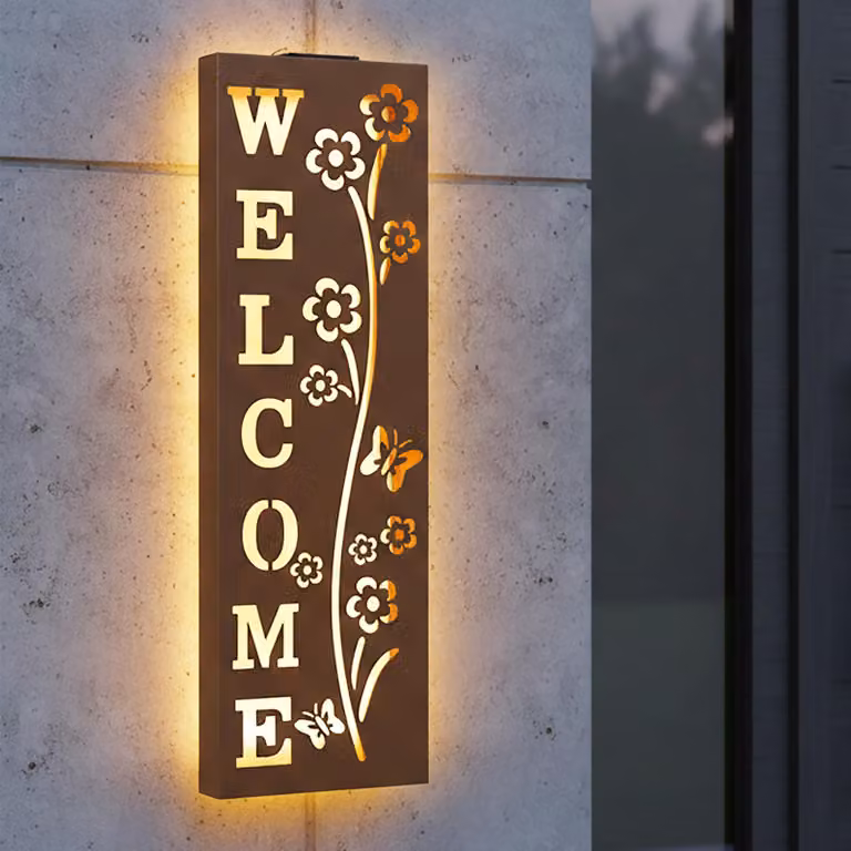 Metalowa dekoracja ścienna WELCOME w stylu rdzy – 61 x 20 cm – wodoodporne oświetlenie dekoracyjne ścienne 5 LED ciepłe białe światło