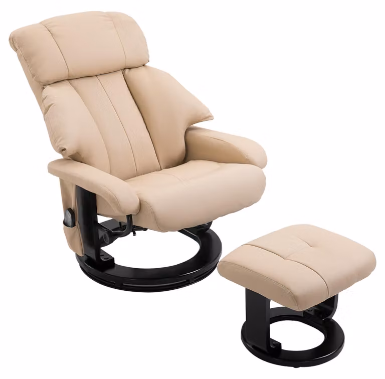 Fotel relaksacyjny, obrotowy o 360°, fotel do masażu z podnóżkiem i pilotem, fotel do telewizji, sztuczna skóra, kremowy biały | 20,5 kg | 76x80x102 cm | 10 punktów wibracji