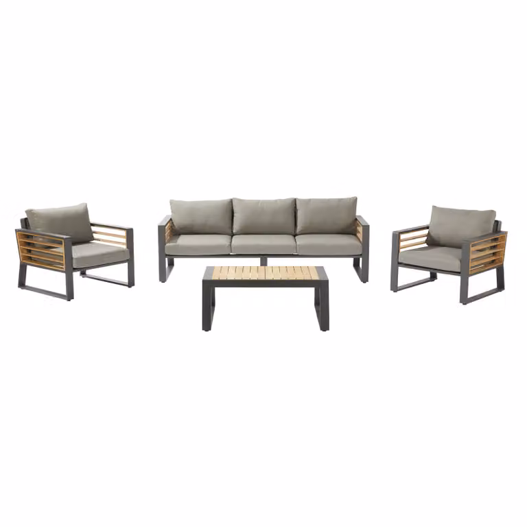NATERIAL - Zestaw mebli ogrodowych IONIS - Salon ogrodowy z poduszkami - 5 osób - 1 sofa zewnętrzna - 2 fotele - 1 stolik kawowy zewnętrzny dł. 105 x szer. 81,5 x wys. 41,5 cm - Aluminium - Drewno tekowe - Antracyt - Szary
