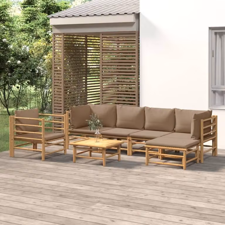Maison Exclusive – 7-częściowy zestaw wypoczynkowy do ogrodu z poduszkami w kolorze taupe i bambusem