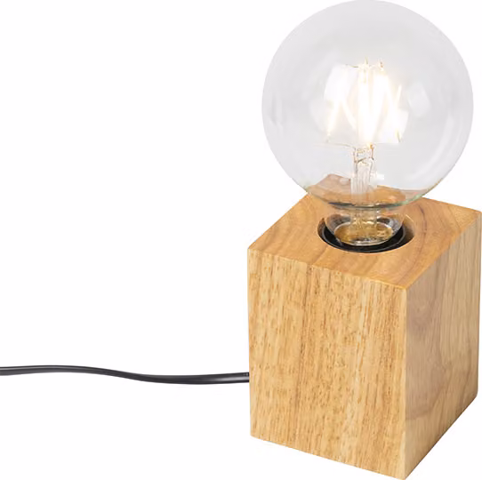 QAZQA – Dom wiejski I Vintage Land Lampa stołowa Drewno naturalne – Blok I Salon I Sypialnia I Lampka nocna – Kostka – Pasuje do żarówek LED E27