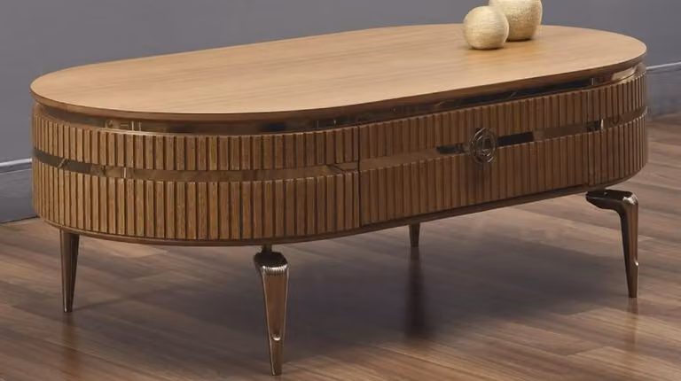 Casa Padrino stolik kawowy art deco jasnobrązowy / złoty 120 x 67 x h. 42 cm - Owalny stolik do salonu z szufladą - Meble do salonu - Meble art deco - Meble luksusowe