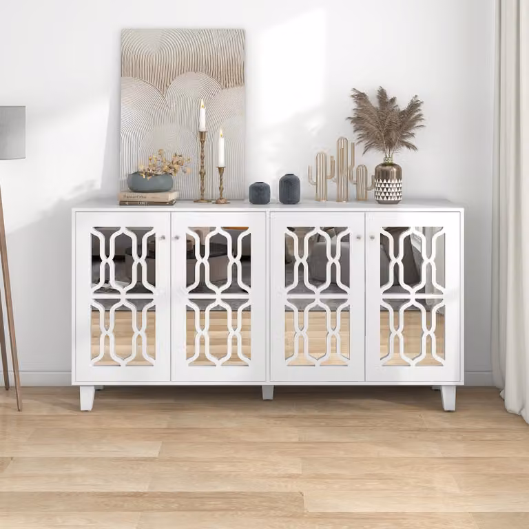Fortuna Lai komoda kredens z fajnymi kryształowymi uchwytami, 4 drzwi, kredens kuchenny szafka w stylu wiejskim, 160x40x84cm, biały