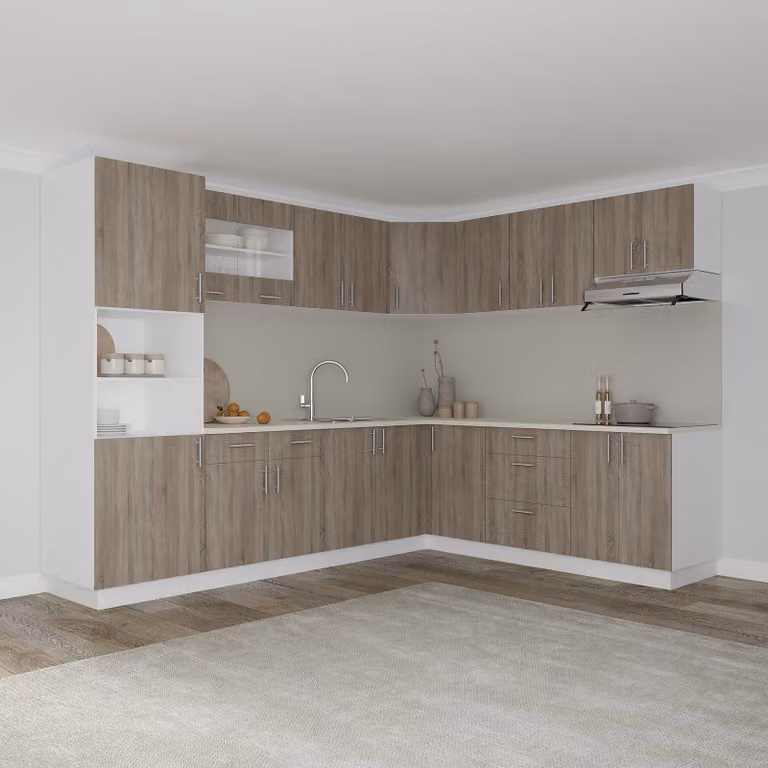 Komplet kuchenny narożny V36, kolor ciemny dąb sonoma/biały, blat termoformowany, grubość 28 mm, wymiary 280 x 220 cm