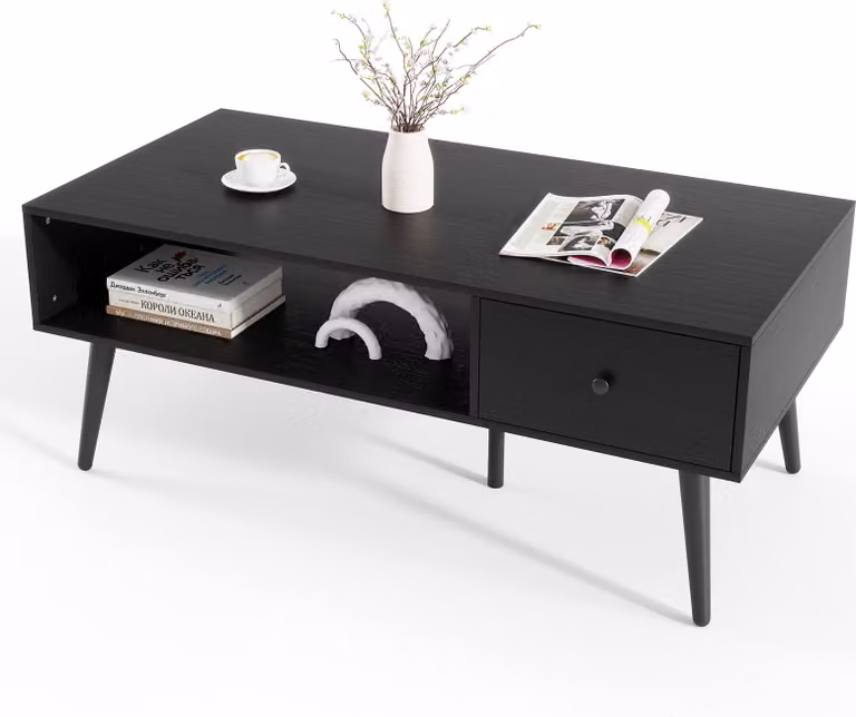 Stolik kawowy COSTWAY z szufladą, schowkiem, otwartą przegrodą, stolik do salonu, drewniany stolik do sofy, stolik kawowy, 109 x 55 x 39,5 cm, czarny