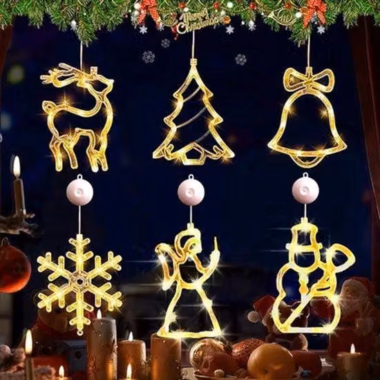 Światełka LED, dekoracje świąteczne, zestaw 6 sztuk, oświetlenie okienne LED, z przyssawkami, dekoracje świąteczne, wiszące lampki okienne, lampki w formie zasłony, zasilane bateriami, do dekoracji okien.
