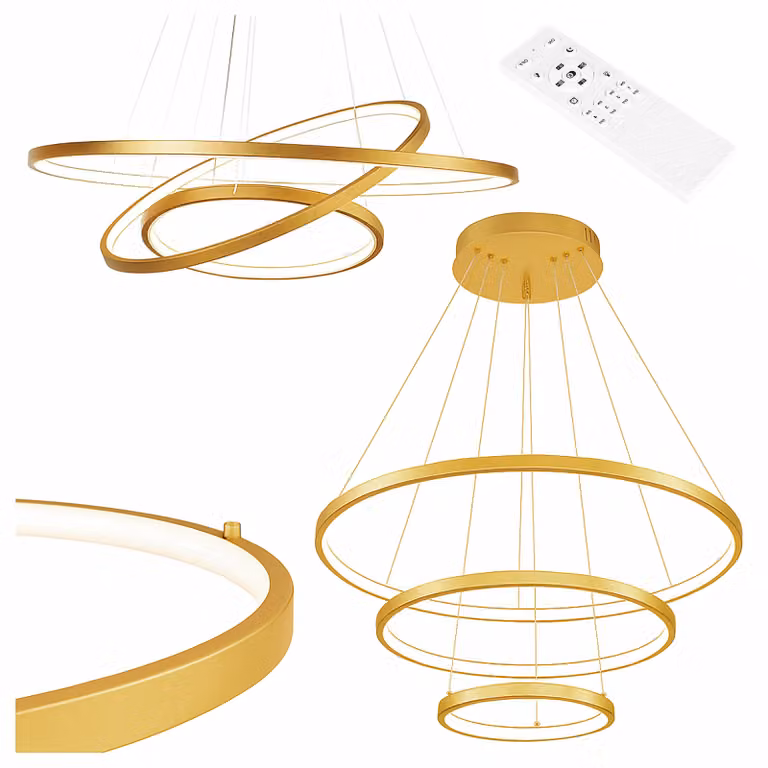 Lampa wisząca MasterLED 3 Pierścienie Złota, 77W 10000lm Ultra Jasna, Ściemnialna CCT, Zdalne sterowanie, Nowoczesny Salon