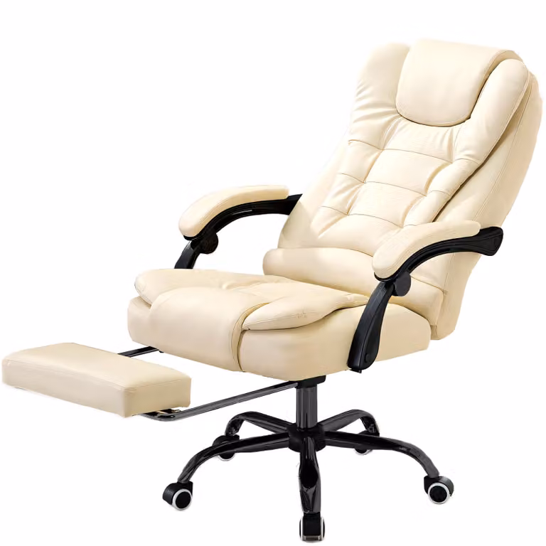 Ergonomiczne krzesło biurowe Retoo z podnóżkiem, krzesło do biurka, fotel biurowy, obrotowe, z regulacją wysokości, obicie z sztucznej skóry w kolorze kremowym, podłokietniki, do 130 kg, idealne do biura