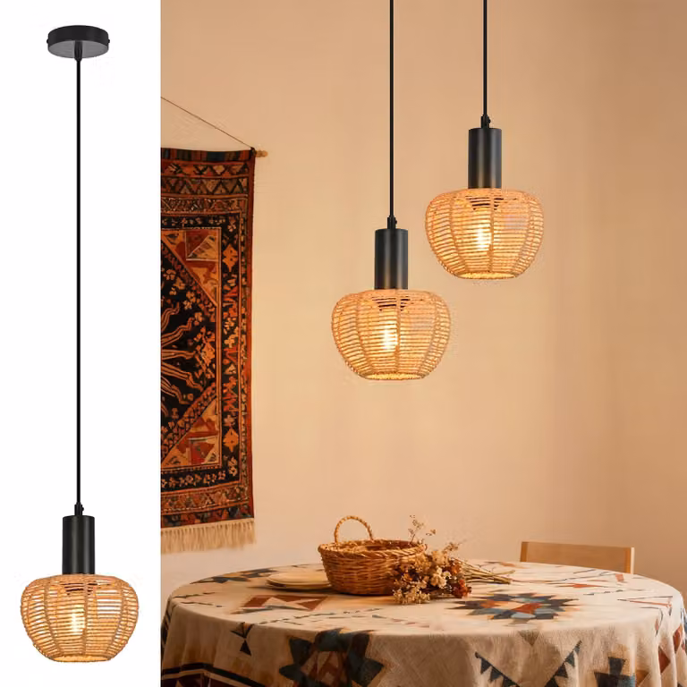 Lampa sufitowa w stylu boho, wykonana z rattanu, 1 źródło światła, styl vintage