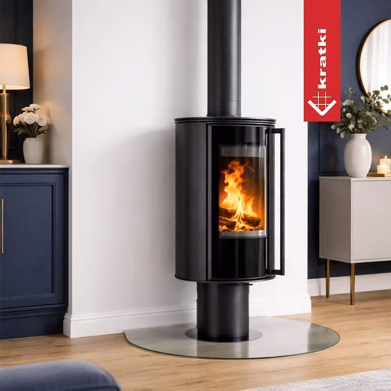 Wolnostojący piec kominkowy KRATKI ERIK N/O Ø 150 5,5 kW, czarny, Thermotec, z zamkiem w drzwiczkach