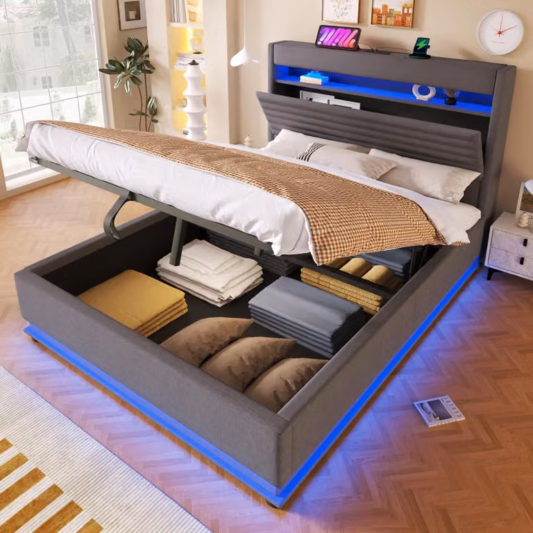 Łóżko tapicerowane z funkcją ładowania przez USB typu C, oświetleniem LED, hydraulicznym systemem regulacji, podnoszoną półką do przechowywania, bez materaca, sterowanie przyciskiem/aplikacją, pościel, 140 x 200 cm, szare