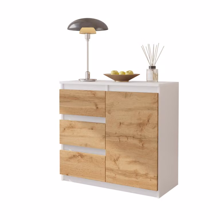 Komoda 80 Cm Biały Mat / Dąb Wotan 3 Szuflady, 1 Drzwi, 1 Półka Salon