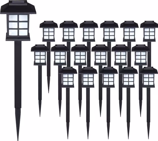 Zestaw 18 sztuk lamp solarnych LED monzana® w kolorze czarnym do ogrodu, tarasu i na ścieżkę, oświetlenie typu lanterna z czujnikiem zmierzchu, światło zimne białe, klasa odporności IP44