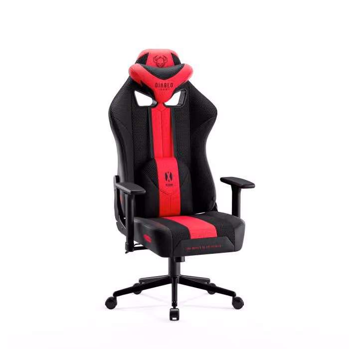 Krzesło do gier Diablo X-Player Krzesło biurowe Krzesło biurkowe Podłokietniki 3D z tkaniny Ergonomiczna konstrukcja Poduszka na kark/lędźwie (karmazynowo-antracytowy, mały)