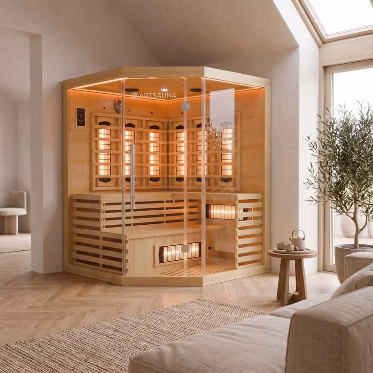 Artsauna kabina na podczerwień Kiruna150 z 8 grzejnikami o pełnym spektrum i 1 grzejnikiem panelowym, 3 osoby, 150 x 150 cm, kolorowe światło LED i szklany front, sauna na podczerwień Sauna