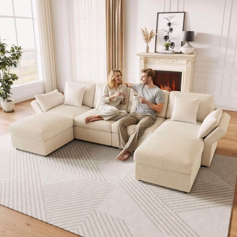 Merax narożnik 4-6 osobowy w kształcie litery U, z podnóżkiem, regulowane podłokietniki, nowoczesna sofa, kanapa, meble do salonu, sypialni, tkanina sztruksowa, beżowy