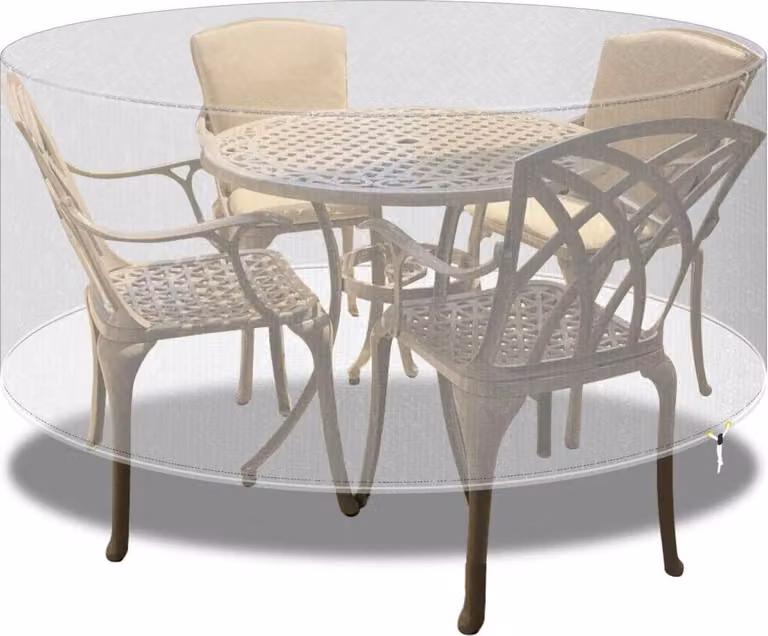 PATIO PLUS Okrągły pokrowiec na meble rattanowe na stół i krzesła tarasowe, wodoodporny, wiatroszczelny, Anti-UV, extra duży 250x90cm, przezroczysty