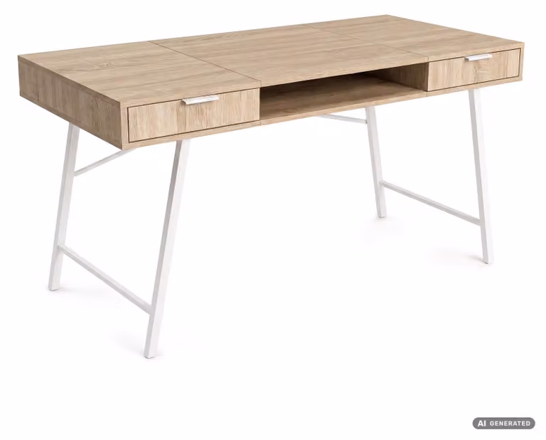 Biurko industrialne komputerowe Dąb Sonoma ARDEN 120 cm 2 szuflady 1 półka Białe nogi
