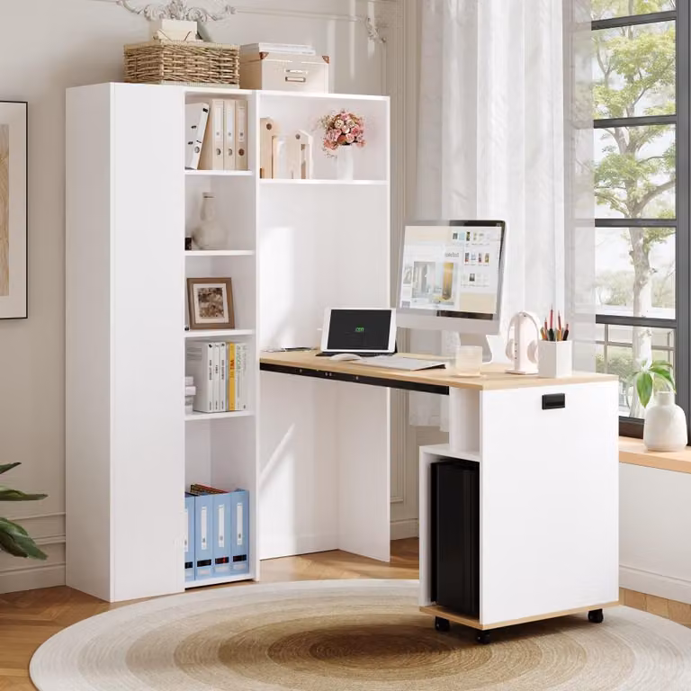 Biurko składane 2 w 1 - białe, wykonane z MDF - oszczędza miejsce, wyposażone w gniazdo USB