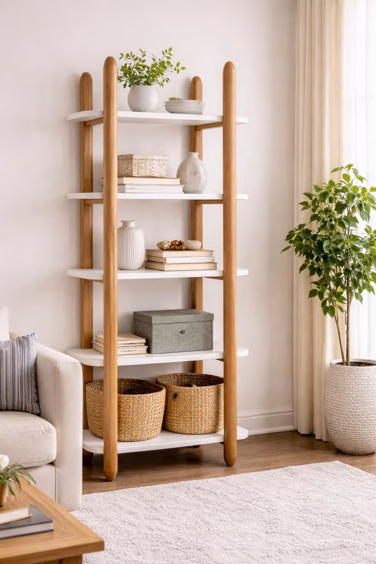 Biało-brązowa półka na książki, designerskie meble loftowe, drewniane półki, meble