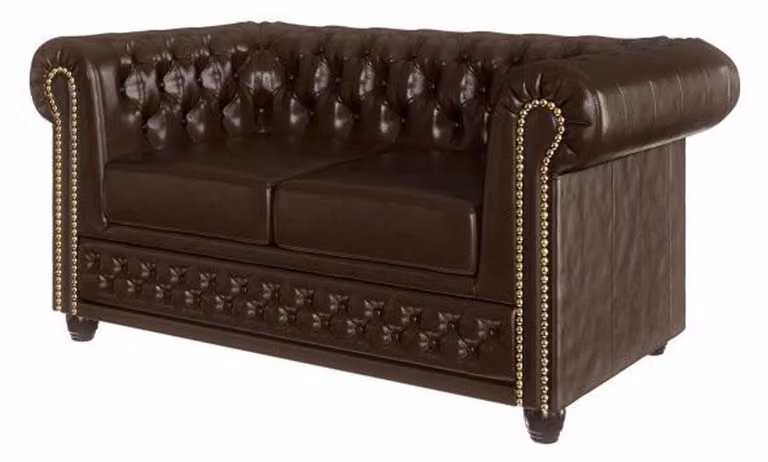 Brązowa, skórzana sofa dwuosobowa, rozkładana sofa Chesterfield, do salonu