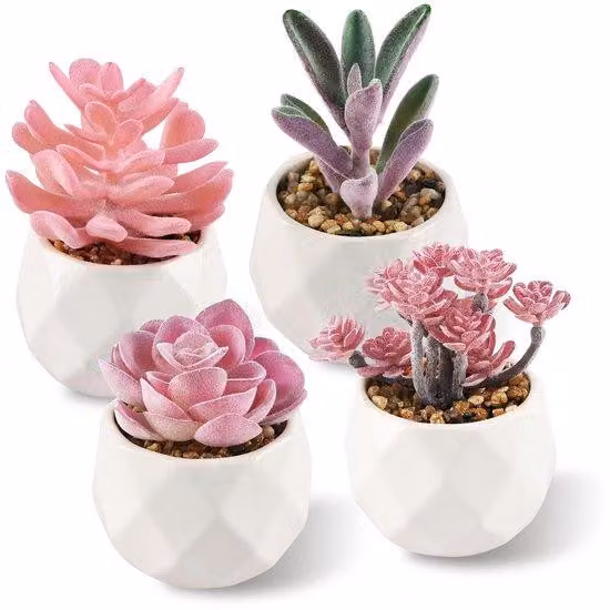 Małe sztuczne rośliny w ceramicznych doniczkach, 4 sztuki, różowe, dekoracja
