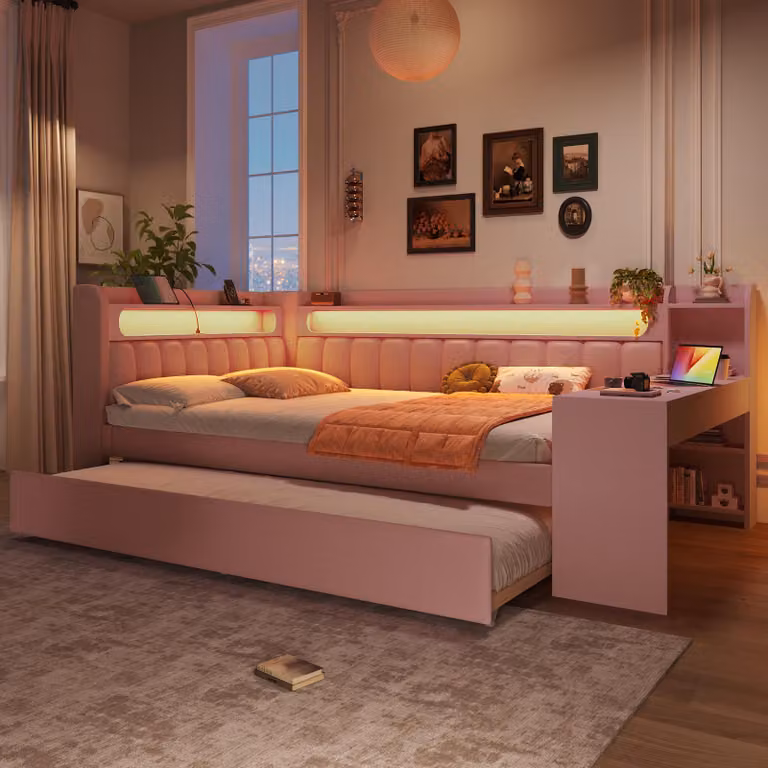 Łóżko dzienne 140x200 cm, łóżko tapicerowane z oświetleniem LED, portami USB, biurkiem i wysuwanym łóżkiem 90x190 cm, łóżko dla gości, różowe