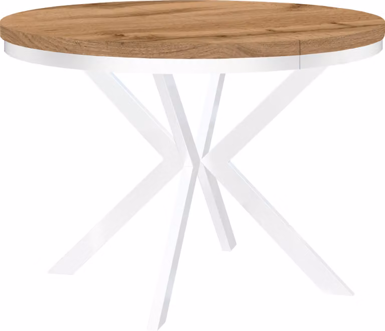 Okrągły stół jadalny biały ENDIK, rozkładany, 120/220 cm, dąb Wotan z metalową podstawą – styl industrialny, loft