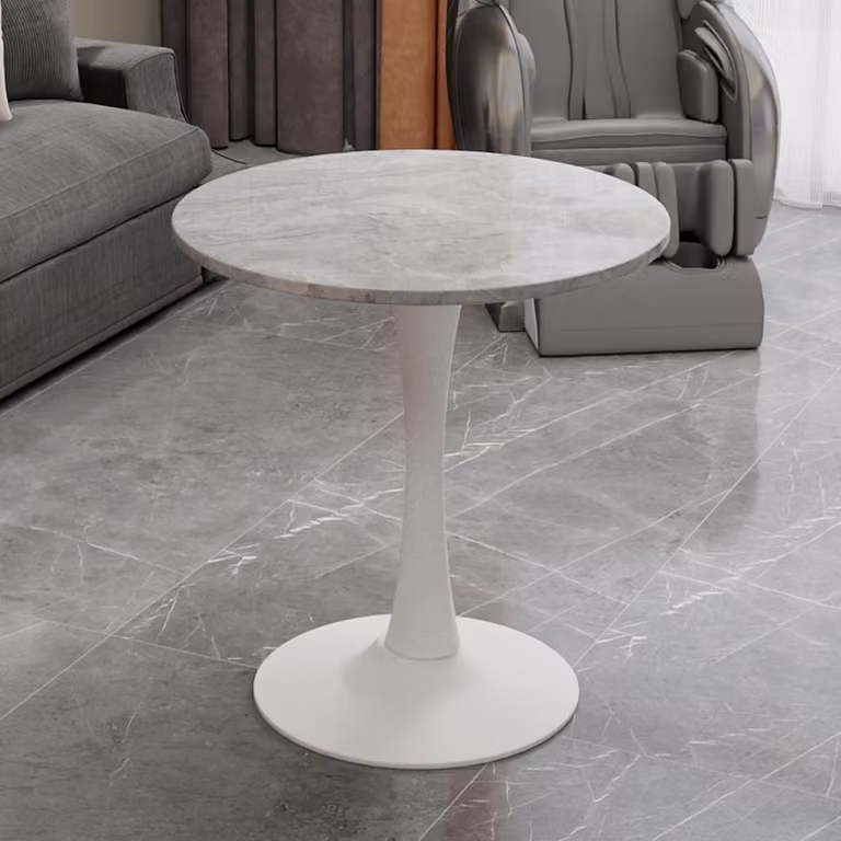 Okrągły stół jadalny o średnicy 70 cm, imitujący marmur, w kolorze białym. Stół kuchenny w stylu mid-century modern, przeznaczony dla 2-4 osób. Stół kawowy z blatem z płyty MDF i metalową podstawą