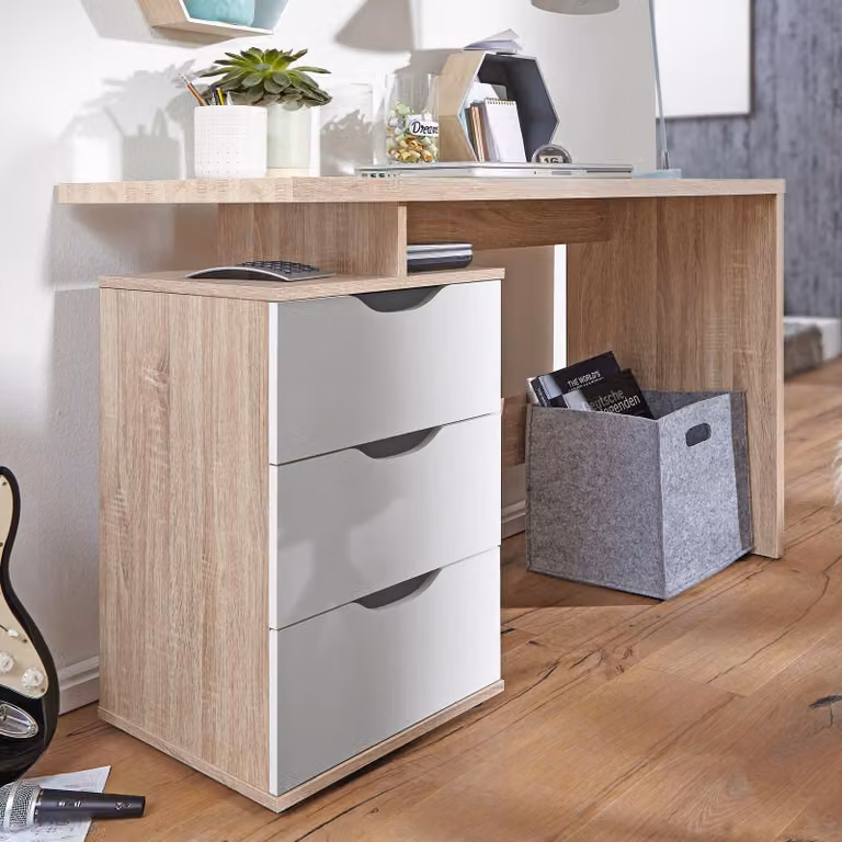 Biurko FineBuy MASSA 120 x 76 x 53 cm z 3 szufladami w kolorze białym Sonoma Nowoczesne biurko komputerowe dla młodzieży Oszczędzające miejsce biurko na laptopa z półką