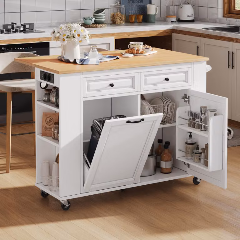 Wyspa kuchenna na kółkach, wymiary 120 x 40–70 x 92 cm, składana blachta, 2 gniazdka elektryczne, porty USB i USB-C, pojemnik na śmieci, regulowane półki, kolor biały