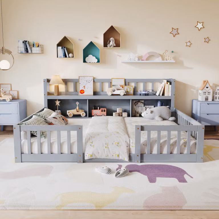 Łóżko dziecięce UnboxG, model Kinderbett Bodenbett, wymiary 140x200 cm, łóżko dwuosobowe, drewniane, idealne jako łóżko do spania i do zabawy, z półką, klasyczny design, z barierą ochronną, kolor: szary