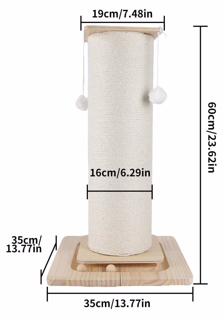 Drapak dla kota - kolumna do drapania, wysokość 60 cm - z zawieszoną piłką - wykonany z liny sizalowej - z antypoślizgową podkładką - wykonany z litego drewna - jednopoziomowy