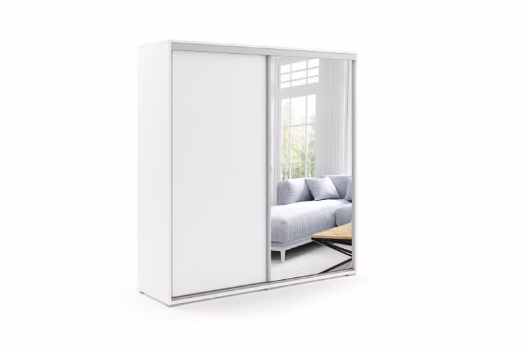 Szafa A20 biała z drzwiami przesuwnymi, lustrem i półkami - 125 x 62 x 245 cm