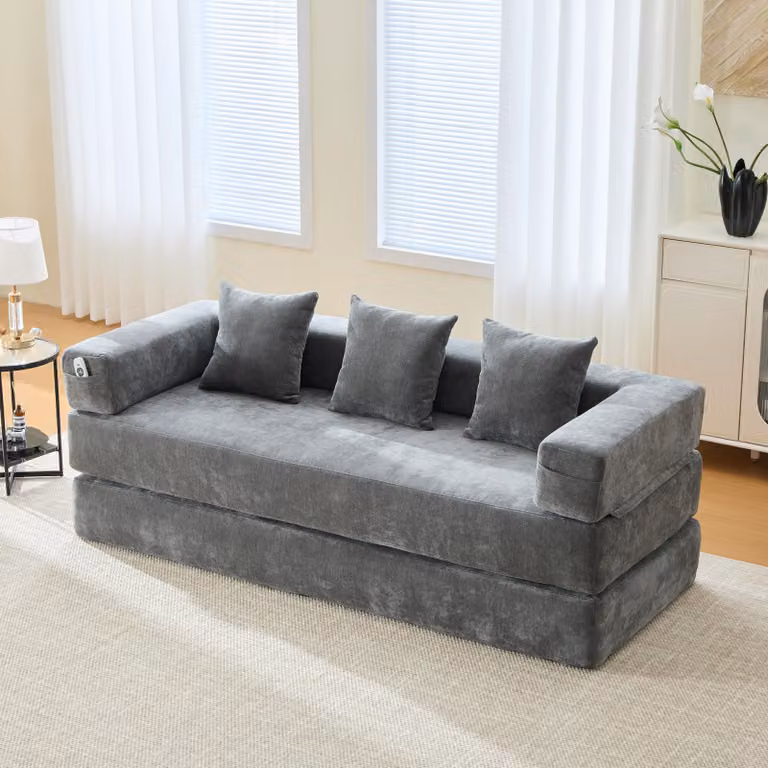 Modułowa sofa z bloków szenilowych – supermiękka, dowolnie kombinowalna. Z bocznymi kieszeniami do przechowywania i antypoślizgowym spodem. Idealna do salonu, pokoju zabaw lub majsterkowania – stwórz swoją przestrzeń do relaksu.