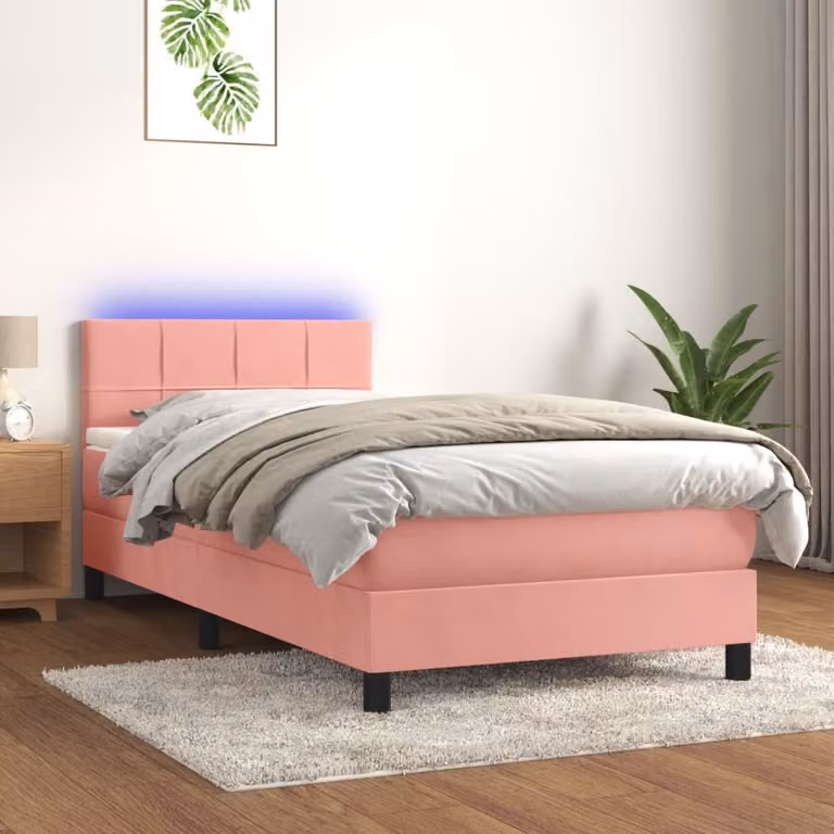 vidaXL Łóżko na sprężynach z materacem i diodami LED różowe 100x200 cm aksamitne - Łóżko na sprężynach - Łóżka - Meble do sypialni
