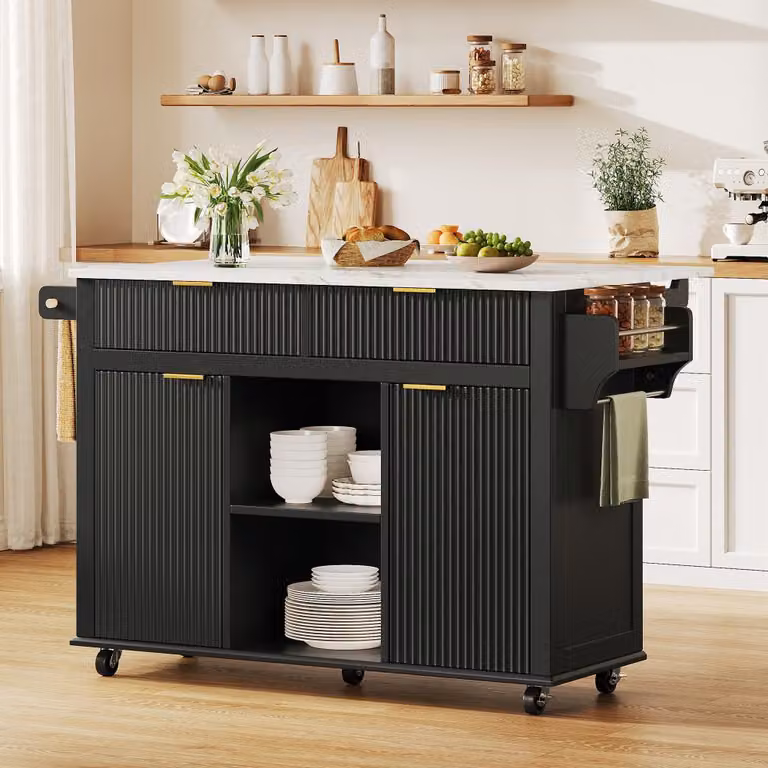 Wyspa kuchenna na kółkach z rozkładanym blatem, 2 szuflady, 2 drzwiczki, półka na przyprawy i uchwyt na ręczniki, MDF, 143x45x89,5 cm, kolor czarny