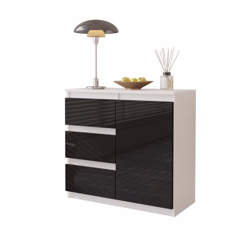 Komoda 80 Cm Biały Mat/Czarny Połysk 3 Szuflady 1 Drzwi 1 Półka, Salon