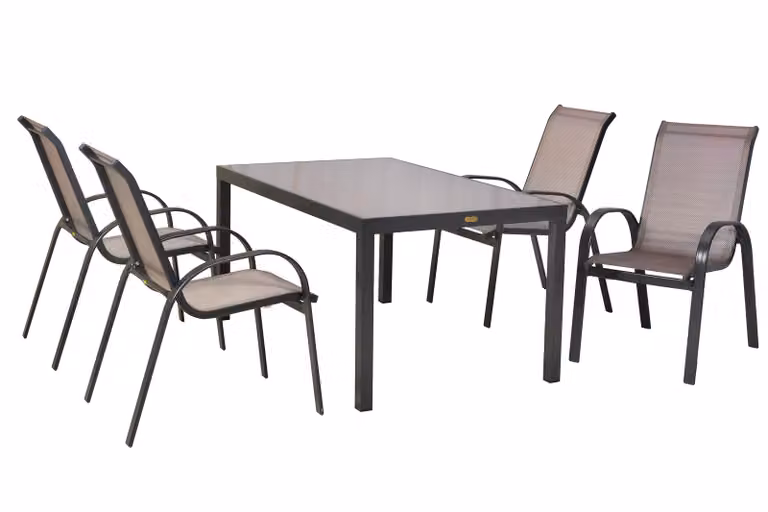 Zestaw mebli ogrodowych Merxx Amalfi w kolorze brązowym diamentowym, 5 elementów, 4 krzesła do układania w stosy, 1 stół 150 x 90 cm – aluminium/tkanina