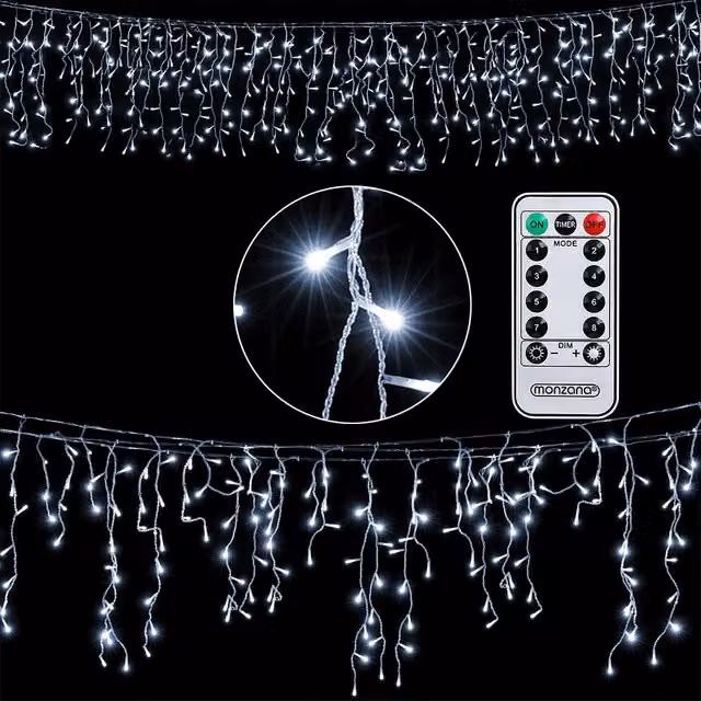 Lampki świąteczne LED Monzana 400 sztuk, Zimna Biel, Typ Icicle/Drop, z Pilotem i Timerem, IP44